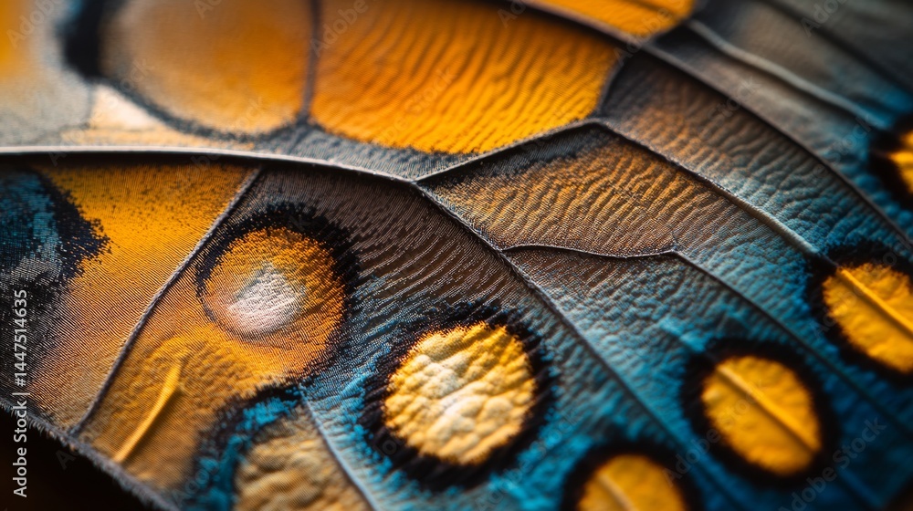 Vibrant close-up of a butterfly wing showcasing striking patterns and colors. The interplay of orange and blue creates a stunning visual effect. Beauty of nature captured. Generative AI Vibrant close-up of a butterfly wing showcasing striking patterns and colors. The interplay of orange and blue creates a stunning visual effect. Beauty of nature captured. Generative AI
