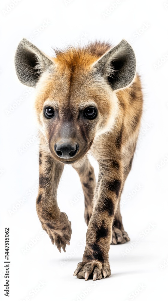 Curious young hyena walks towards the camera in a playful pose against a neutral background setting Curious young hyena walks towards the camera in a playful pose against a neutral background setting