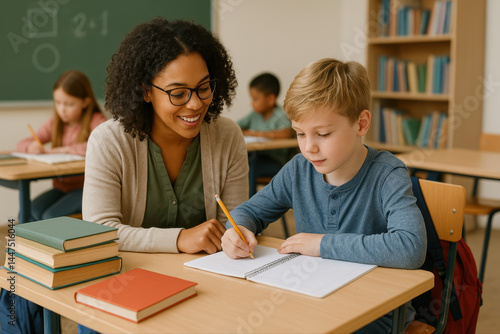 Soutien scolaire individuel entre élève et enseignant dans une salle de classe chaleureuse