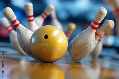 Bowling ball strikes pins in high-speed