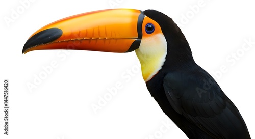 Vibrant close-up portrait of a Toco Toucan (Ramphastos toco), focusing on its head and iconic, oversized orange beak with a distinct black tip