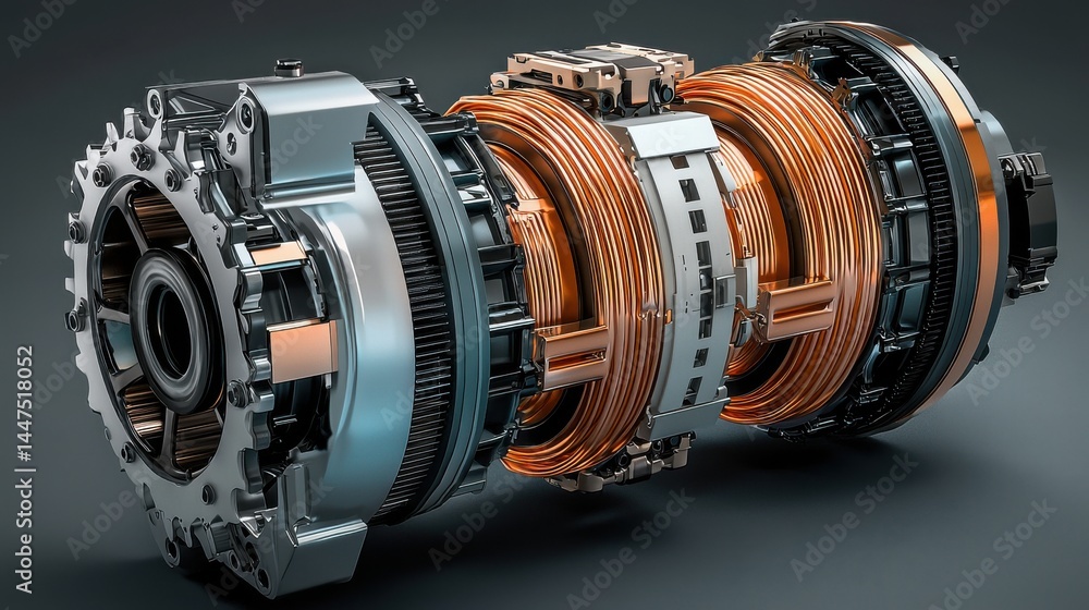 Detailed view of an intricate electric motor showcasing copper wiring and mechanical components in a studio environment Detailed view of an intricate electric motor showcasing copper wiring and mechanical components in a studio environment