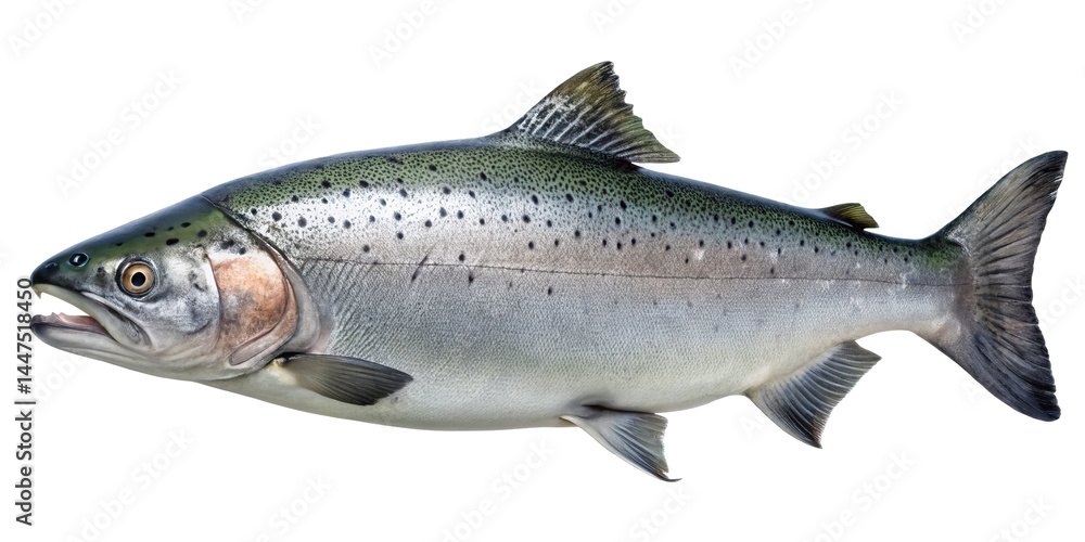 Beautiful Salmon with Silver Scales and Black Spots Swimming in Dark Water Beautiful Salmon with Silver Scales and Black Spots Swimming in Dark Water