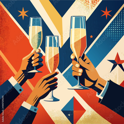 Three hands holding glasses of champagne