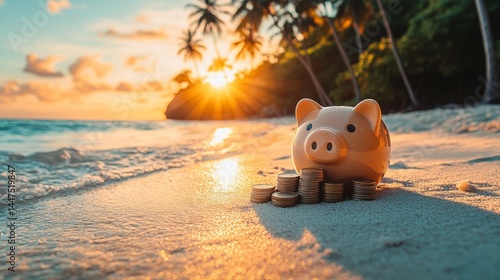 vacation savings concept: cheerful piggy bank and gold coins on beach with palm trees and blue water 