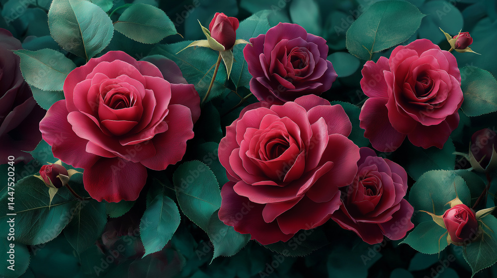 Obraz premium A close-up of deep red roses in full bloom surrounded by rich green leaves, captured in soft moody lighting, evoking elegance, romance, and natural beauty in a dark botanical setting.