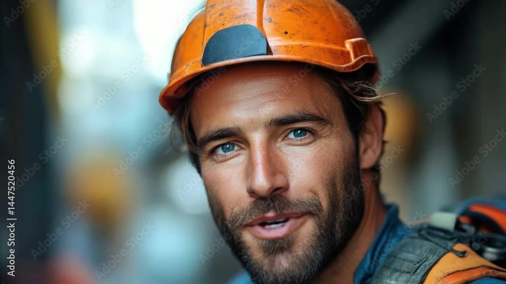 Resilient Craftsman at Work: A close-up of a determined and confident builder in his orange safety helmet and workwear. Resilient Craftsman at Work: A close-up of a determined and confident builder in his orange safety helmet and workwear.