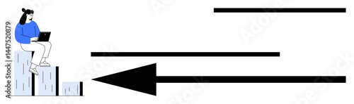 Woman using a laptop sits on ascending graph bars. A bold left-pointing arrow suggests progress, direction, or goals. Ideal for business, strategy, analytics, productivity, planning growth