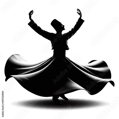 Turkish dervish dance, Egyptian dance of spinning men in skirts on a white isolated background. Vector graphics. EPS.