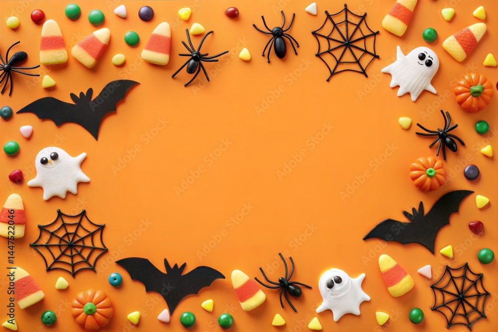 Festive Halloween Candy Frame with Spooky Decor on Orange Background – Copy Space Ready Festive Halloween Candy Frame with Spooky Decor on Orange Background – Copy Space Ready