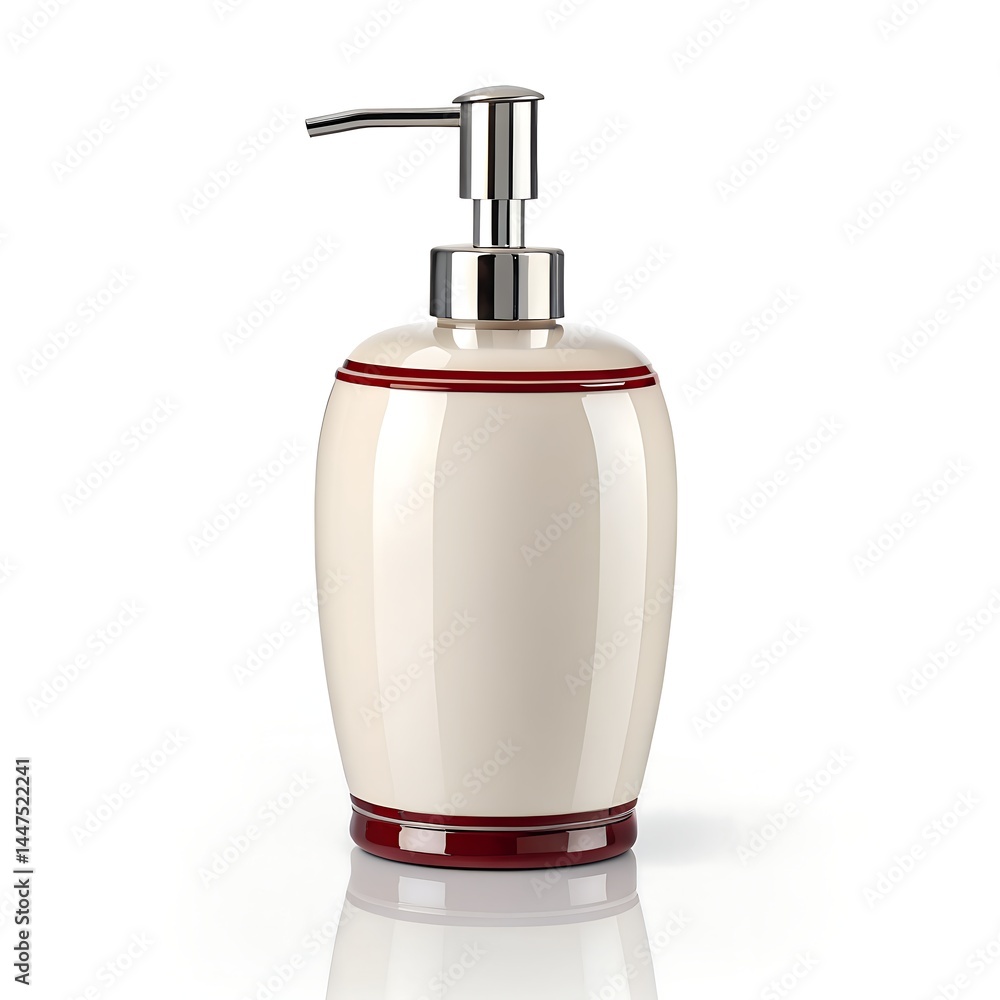 Obraz premium Modern Cream & Red Dispenser with Chrome Pump on Reflective White Surface, Still Life