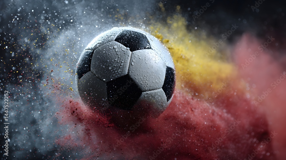 Fototapeta premium Dynamic Soccer Ball: A soccer ball, bursting with energy, is captured mid-flight, encapsulated in a vibrant cloud of colored powder, showcasing motion, action, and sporting excellence. 