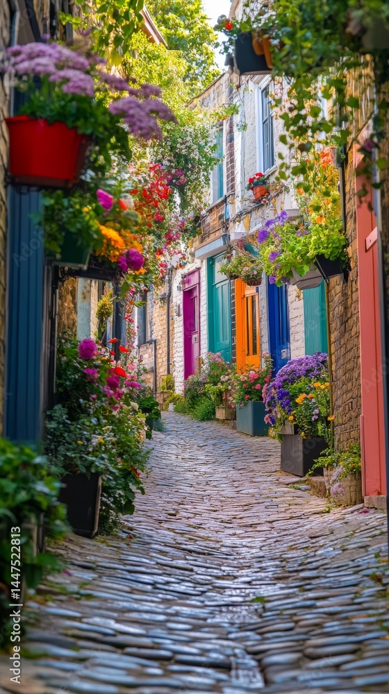 Fototapeta premium A vibrant cobblestone alley adorned with colorful flowers and charming doors. This picturesque path invites exploration and serenity. Nature meets urban living. Generative AI