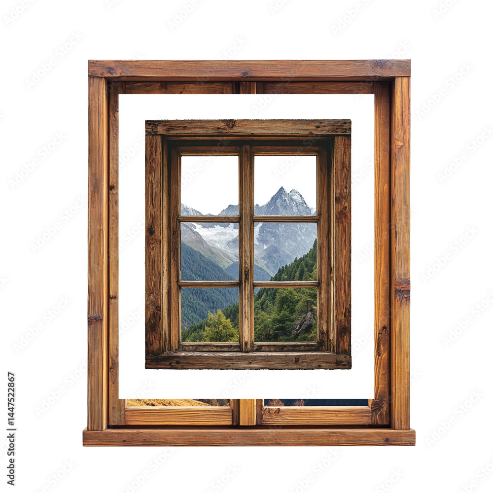 Fototapeta premium rustic wooden window frame showcases breathtaking mountain landscape, featuring lush greenery and towering peaks under clear blue sky. scene evokes sense of tranquility and natural beauty