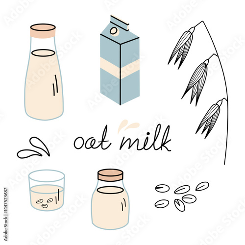 Oat Milk doodle with oats branch, seeds, glass and paper bottles with dairy product. Hand drawn set with vegetable organic milky products for label, logo. Design lactose free vegetarian cereal drink
