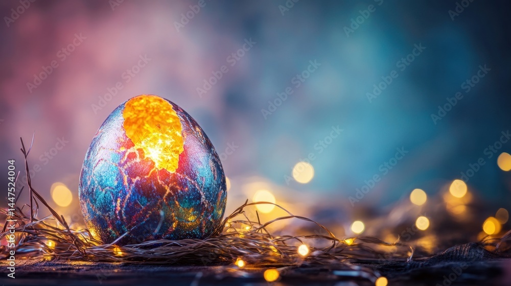 Colorful Easter egg cracked open with magical glow illuminating the surrounding festive lights Colorful Easter egg cracked open with magical glow illuminating the surrounding festive lights