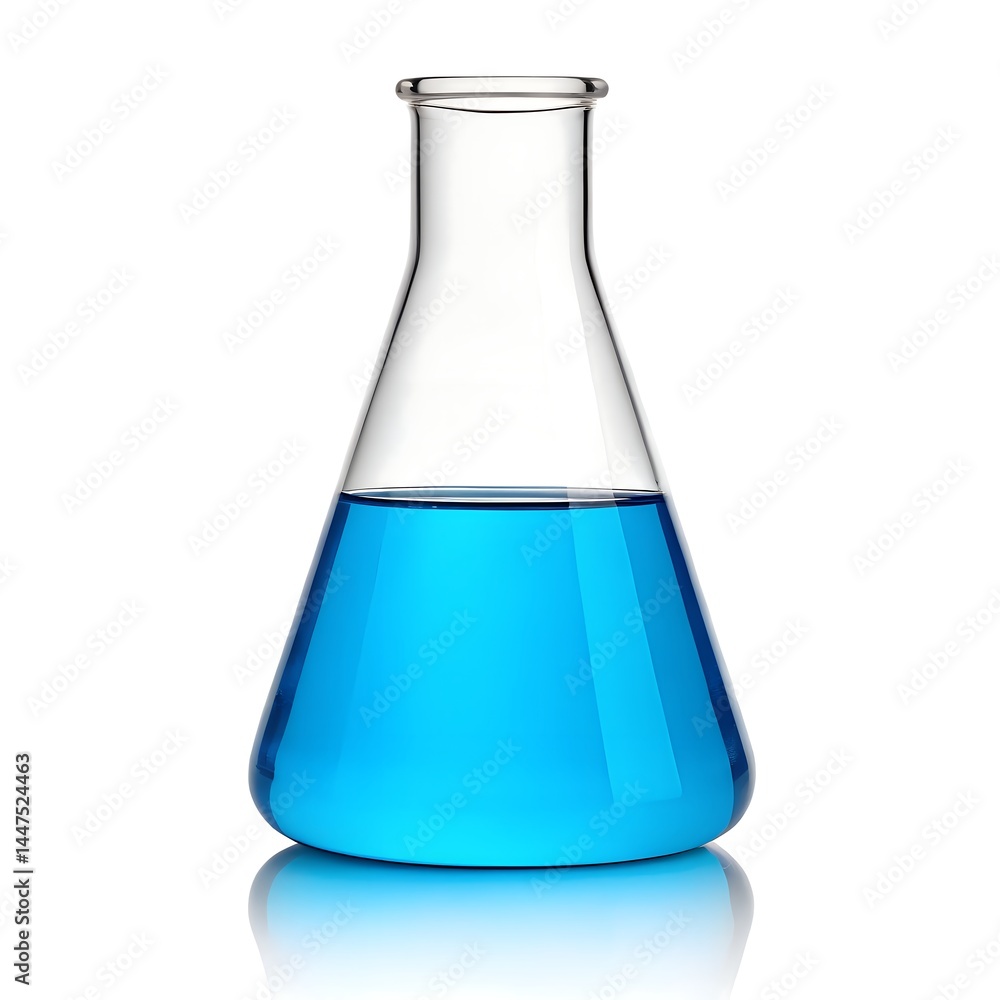 Erlenmeyer Flask with Blue Liquid Isolated on White Background, Laboratory Glassware Erlenmeyer Flask with Blue Liquid Isolated on White Background, Laboratory Glassware