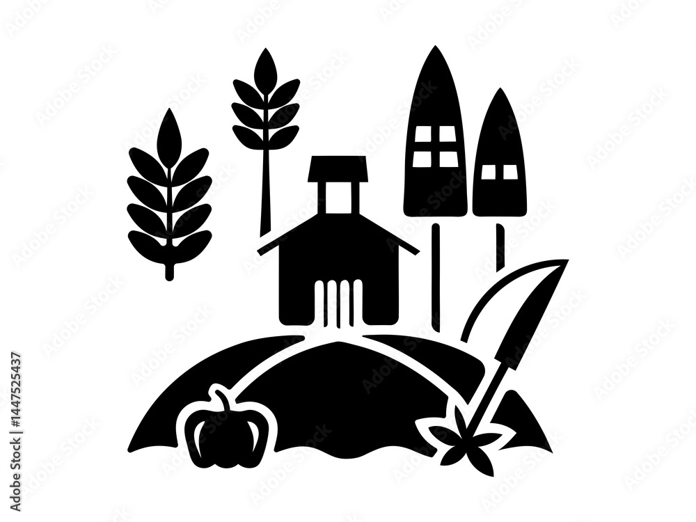 Naklejka premium Retro Farm Logo Silhouette | Vintage Agriculture Field Scene with Barn, Sunrise and Trees | Rustic Organic Vector Design