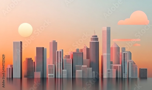 A vibrant city skyline reflecting on water at sunset, showcasing a blend of modern architecture and serene natural beauty. 
