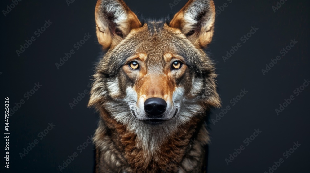 Obraz premium Stunning portrait of a majestic adult wolf against a dark background, highlighting its features
