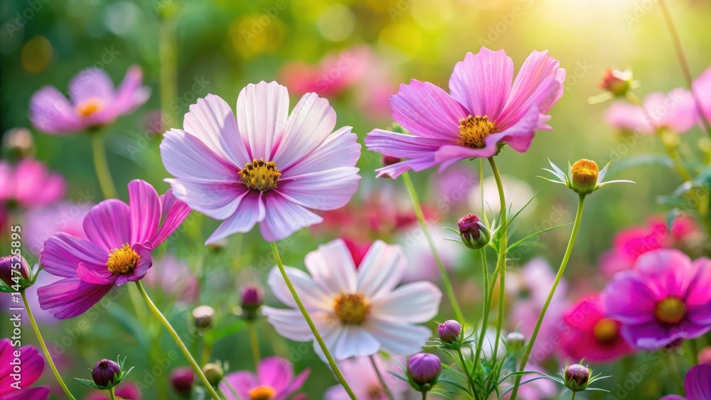 Delicate cosmos flowers unfolding their petals in a colorful garden scene, surrounded by lush greenery and vibrant foliage , flower garden, nature photography Delicate cosmos flowers unfolding their petals in a colorful garden scene, surrounded by lush greenery and vibrant foliage , flower garden, nature photography