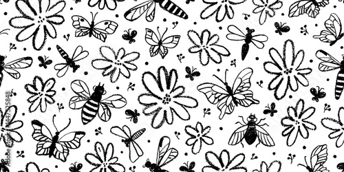Seamless floral pattern with butterfly and flower. Black insect butterfly bee dragonfly bug silhouette on white bg. Vector vintage abstract background design. Floral drawing. Seamless insect pattern