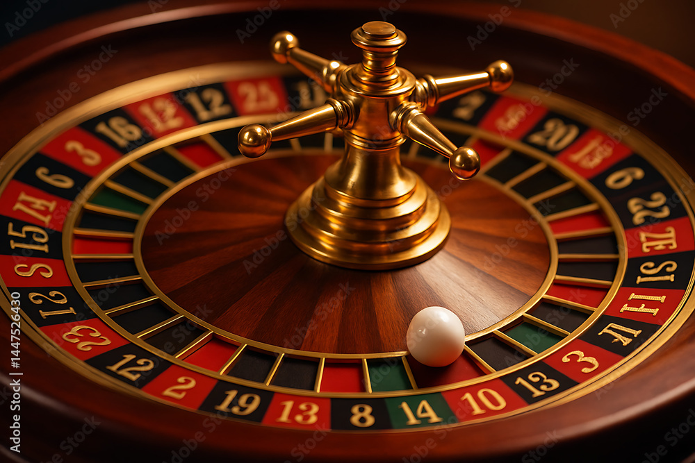 Close-up of roulette wheel with golden spinner and white ball, gambling casino game concept, chance and luck symbol, betting entertainment, risky money play, roulette table
Close-up of roulette wheel with golden spinner and white ball, gambling casino game concept, chance and luck symbol, betting entertainment, risky money play, roulette table