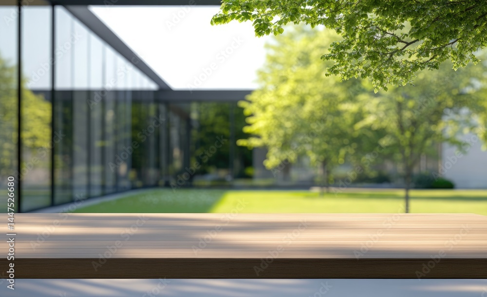 custom made wallpaper toronto digitalModern home patio, empty wooden table, blurred background of greenery and glass facade