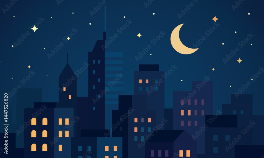 Fototapeta premium Illustration of a night city with tall buildings, glowing windows, a crescent moon, and stars in the sky. Modern urban landscape in flat style, dark blue tones, cozy nighttime atmosphere.