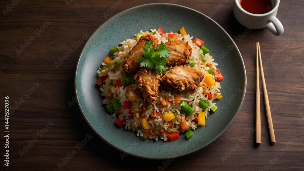 Appetizing Plated Fried Rice Meal with Tea and Chopsticks Appetizing Plated Fried Rice Meal with Tea and Chopsticks
