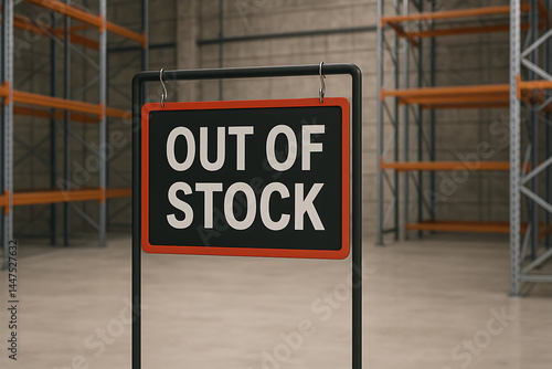 Out of stock sign placed in empty warehouse storage area, inventory shortage concept, supply chain disruption, unavailable products, logistics problem, stock management issue

