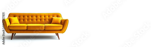 Modern yellow sofa on white background for interior design inspiration and decoration ideas. Header banner mockup with copy space.