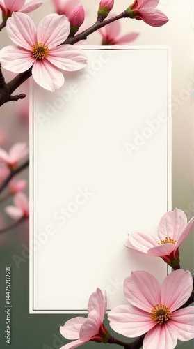 Elegant cherry blossom frame with soft pink flowers on branches.