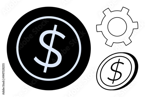 Dollar symbol on dark coin with gear and outlined symbol. Ideal for finance, currency, business strategy, economy, investment, technology, simple landing page