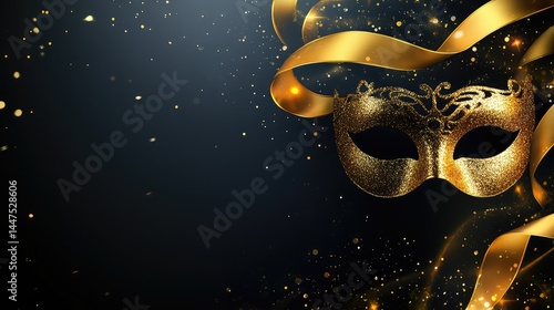 Festive ribbons unfurling around a metallic gold mask with sparkles on black