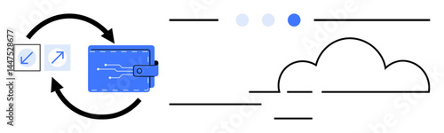 Wallet and cloud graphics linked by arrows and icons suggesting data synchronization. Ideal for finance, technology, data exchange, cloud storage, digital transformation, innovation, simple landing