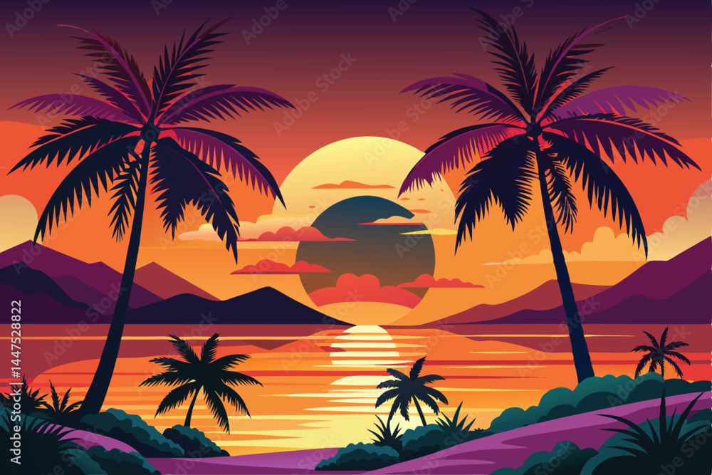 Vibrant Sunset Over Tropical Island Paradise Vibrant Sunset Over Tropical Island Paradise