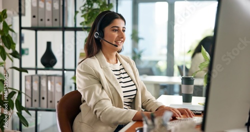 Obraz na płótnie Consultant, woman and customer service in office with computer, communication and online consulting. Typing, advice or call center for CRM contact support, discussion or sales agent with business w salonie