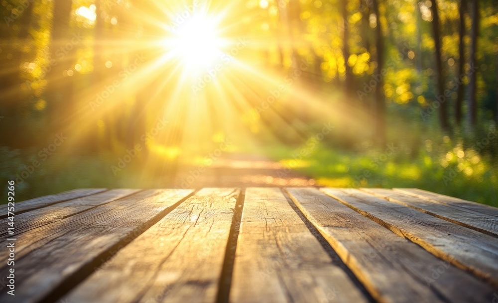 Wooden table in sunlit forest Wooden table in sunlit forest