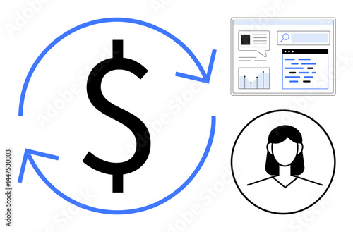 Large dollar sign with curved arrows symbolizing financial flow, analytics dashboard, and user profile. Ideal for finance, investment, banking, user data, analytics, growth simple landing page