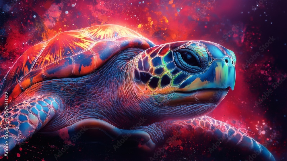 Spectacular sea turtle swimming in galaxy nebula, vivid colors, textured scales and vibrant cosmic background detail, on a transparent background, PNG image, PNG file. Spectacular sea turtle swimming in galaxy nebula, vivid colors, textured scales and vibrant cosmic background detail, on a transparent background, PNG image, PNG file.