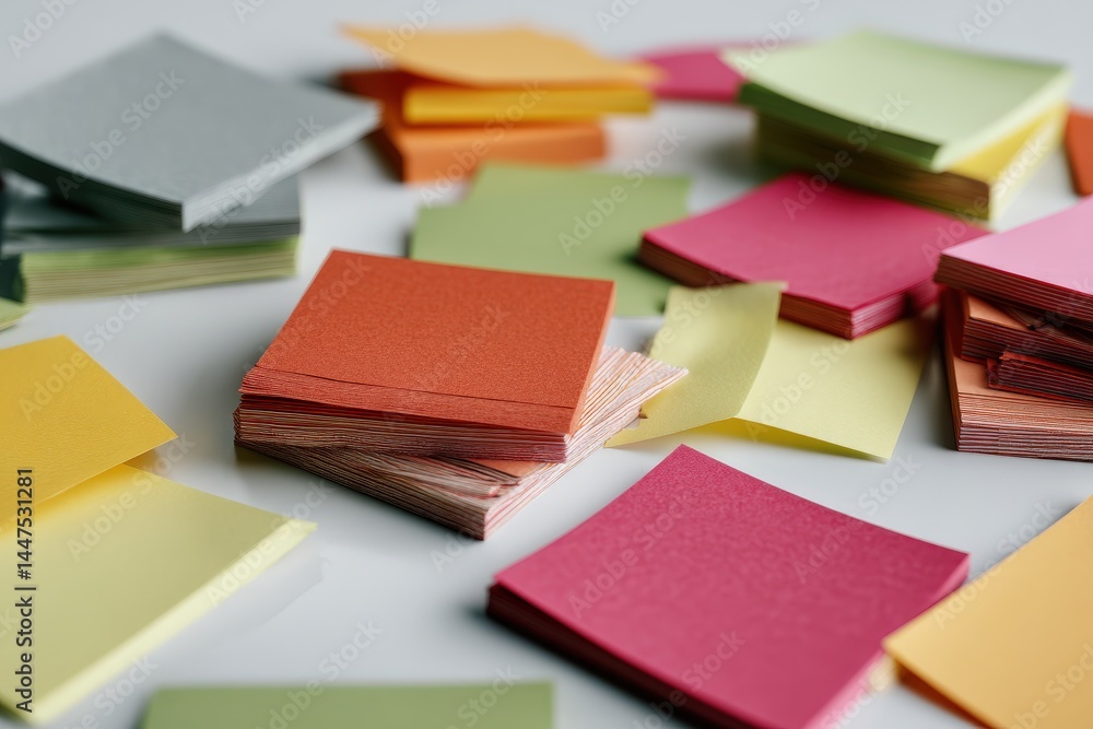 Fototapeta premium Stacks of colorful sticky notes scattered on a white surface.