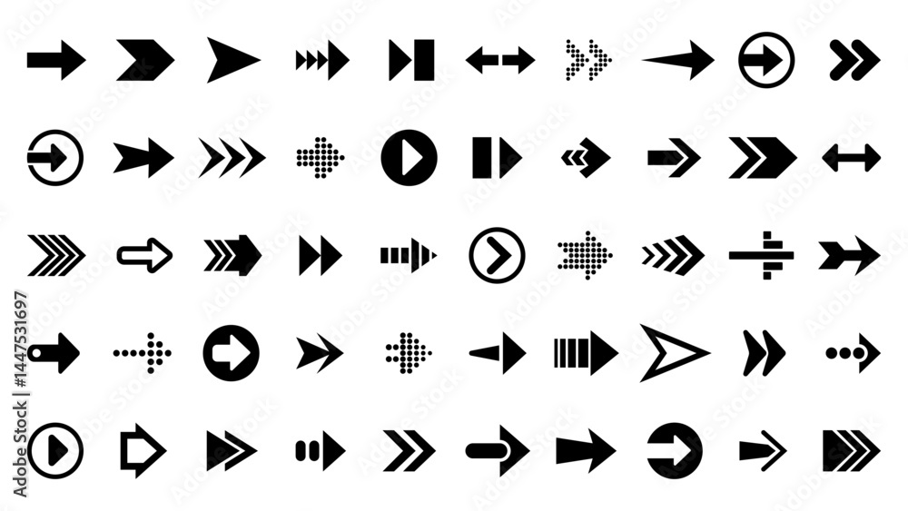 Set of 50 black arrows, cursors, pictograms, pointers, markers. Vector illustration isolated on white background Set of 50 black arrows, cursors, pictograms, pointers, markers. Vector illustration isolated on white background