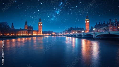 A stunning night view of the iconic Big Ben and Westminster. The shimmering river reflects the brilliance of the starry sky above. A captivating blend of architecture and nature. Generative AI