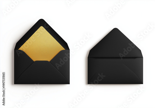 Black envelope with gold lining on white background,