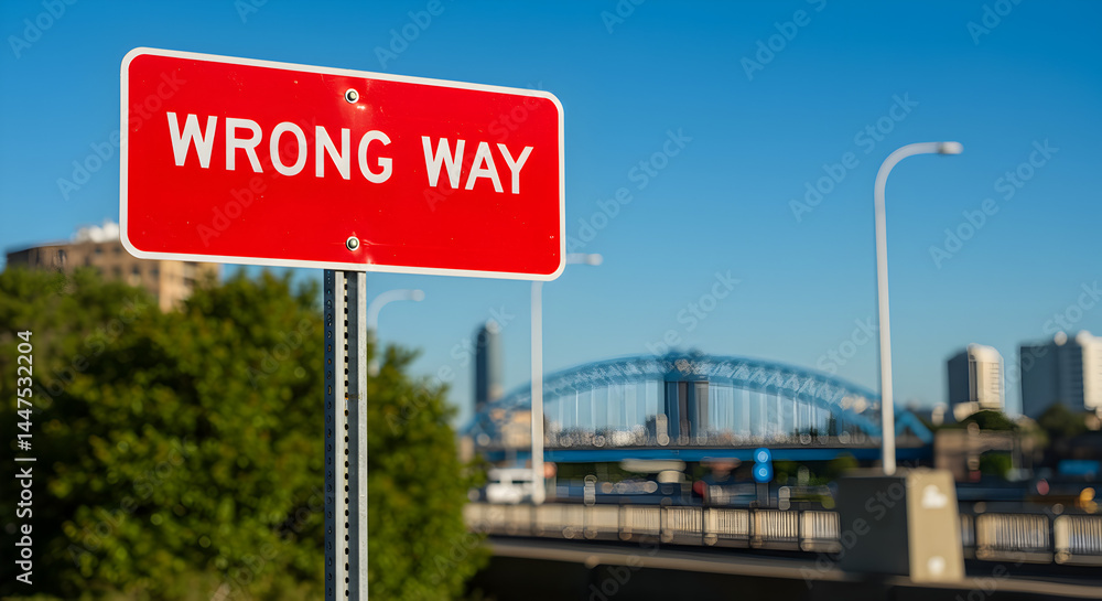 Obraz premium Red and White Wrong Way Sign on Highway with Blue Bridge and Cityscape Background