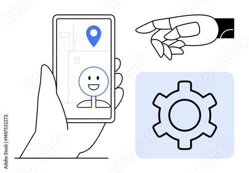 Hand holding a phone displaying AR face and location pin, robotic hand for AI concept, and settings gear. Ideal for AI, robotics, augmented reality, personalization, future tech, app development