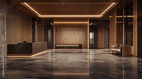 Luxurious hotel lobby, marble floor, wood paneling, evening lighting, calm atmosphere, ideal for travel brochures