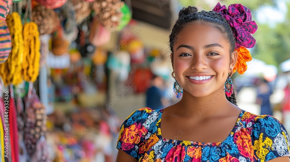 Fototapeta premium Portrait of a young Latin American woman wearing a bright floral dress, standing outside in a busy marketplace.