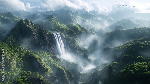 Fototapeta Naklejka Na Ścianę i Meble -  Majestic waterfall cascading down misty mountains